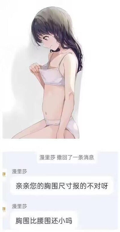 这是一张图文混排的搞笑内容图，上方是AI生成的二次元风格插画，画中是一位穿着浅色内衣的纤细女生，她侧着身子，拉扯着自己的上衣，露出的胸部十分平坦，视觉上胸围和腰围几乎没有差别甚至更小；下方是模拟的客服聊天记录截图，客服“漫里莎”先撤回了一条消息，随后发送消息询问“亲亲您的胸围尺寸报的不对呀”，接着又追问“胸围比腰围还小吗”。图中通过插画形象和聊天内容的对应，制造出搞笑的效果，用极端的身材设定来调侃平胸的情况，没有双关、谐音梗等内容。