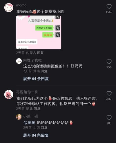 这是一张小红书评论区的截图，呈现了两则充满趣味的微信表情误解案例：第一则是用户momo分享自己与妈妈的聊天记录，妈妈将微信🤗表情解读为“摸摸小脸蛋”的含义，还借此向用户表达喜爱；第二则是网友“再说给你一脚”分享职场趣事，自己严肃的老板误将✌️表情当作“ok”的意思，每次和他确认工作内容时，老板都会严肃地回复这个表情。评论区其他网友的互动也体现了对这些趣事的共鸣，整体内容充满生活气息与反差感，展现了不同人群对网络表情的差异化理解。