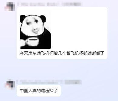 图片中包含一个经典的熊猫头表情包，熊猫表情淡定地手持一个杯子。图片下方有两行文字评论："今天京东薅飞机杯还给几个省飞机杯都薅断货了"和"中国人真的太压抑了"。这张图片通过幽默夸张的方式评论了中国消费者的网购行为，并暗示了可能存在的社会心理状态。