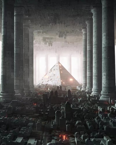 这是一幅充满未来感的科幻风格3D渲染场景，画面被数根通体布满复杂细密纹理的巨型圆柱分割，这些圆柱如同支撑天地的巨柱，构建出宏大的柱廊空间。视觉中心是一座表面带有多处发光节点的金字塔建筑，其造型融合了古文明符号与未来科技质感，在背景强光的映衬下显得神秘而庄严。金字塔前方是一片密集的低矮都市建筑群，建筑之间点缀着微弱的红色光源，仿佛是这个巨型结构包裹下的小型文明聚落。背景的强光透过远处的柱廊缝隙洒入，在空间中形成朦胧的雾效，进一步强化了场景的宏大与神秘感，整体氛围既带有古文明的厚重感，又充满了未来科技的疏离感。