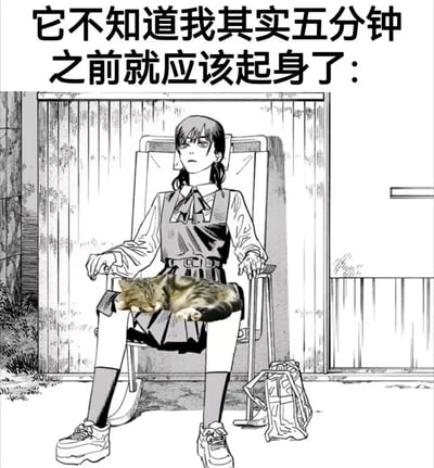 这是一张经过P图改编的趣味图文内容，主体是漫画《电锯人》中的角色三鹰朝，她面无表情、眼神放空地坐在户外的椅子上，双手僵硬地扶着扶手，身体维持着坐姿一动不动。她的腿上被P上了一只正睡得香甜的真实猫咪，上方配文“它不知道我其实五分钟之前就应该起身了：”，精准地刻画出人们面对可爱的猫咪时，明明有事务需要处理，却因为不忍心打扰熟睡的猫咪而拖延起身的心态，十分贴合养猫人士或喜爱猫咪的人的日常经历，充满共鸣感。