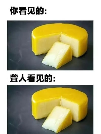 图片采用上下对比结构，上方区域标题为“你看见的:”，下方展示一块圆形黄色奶酪，其中一块已被切出并放置在主体前方；下方区域标题为“聋人看见的:”，呈现的是与上方完全相同的奶酪图片。通过两张完全一致的图像形成幽默反差，核心笑点在于打破“聋人视觉存在差异”的刻板印象，暗示聋人群体在视觉上与常人并无不同。