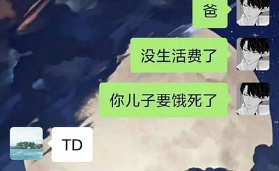 这是一张模拟聊天记录的梗图，背景是夜晚天空中的一轮满月。右侧是一位动漫风格的男性角色头像，连续发送了三条消息："爸"、"没生活费了"和"你儿子要饿死了"，表达了向父亲索要生活费的夸张请求。左侧则是一个风景头像，仅回复了"TD"两个字母，形成鲜明对比。整体画面采用了幽默夸张的方式展现了年轻人向父母请求经济支持的常见场景。