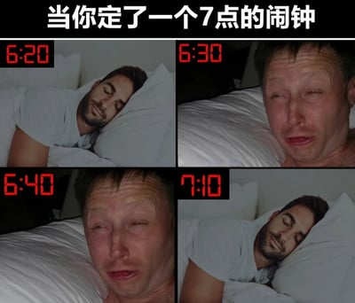 这是一张四格拼接的搞笑梗图，通过时间序列展现定了7点闹钟后的睡眠状态变化。左上角6:20时，一名戴胡须男子穿着白色T恤躺在床上熟睡，表情平静；右上角6:30时，另一名男子（或同一人不同状态）半睁眼，面露明显疲惫；左下角6:40时，该男子保持相似的困倦表情；右下角7:10时，画面回到最初的熟睡男子场景。整体通过时间与状态的反差，幽默呈现人们定闹钟却最终睡过头的真实生活场景，引发共鸣。