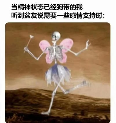 图片上方配有文字'当精神状态已经狗带的我听到盆友说需要一些感情支持时：'，下方是一幅风格化图像：一具骷髅穿着粉色翅膀和紫色短裙，手持魔法棒，在沙漠背景中奔跑。整体通过骷髅（象征精神疲惫到极致）与仙子装扮（象征努力提供支持）的反差，幽默地表现了自身状态不佳却仍试图支持朋友的无奈又搞笑的情景。