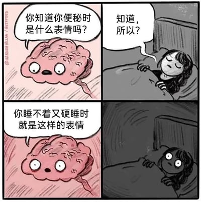 这是一幅四格搞笑卡通漫画，以拟人化大脑和失眠女生的对话为核心内容。第一格中，拟人化的大脑向躺在床上、试图强行入睡的女生提问：“你知道你便秘时是什么表情吗？”；第二格中，女生眯着眼睛，带着困意和不耐烦回应：“知道，所以？”；第三格中，大脑一本正经地吐槽：“你睡不着又硬睡时就是这样的表情”；第四格中，女生被这句话精准戳中，瞬间瞪大双眼，满脸震惊地从被窝里探出头。漫画用便秘时的痛苦纠结表情类比失眠硬睡时的状态，精准捕捉到失眠人群的尴尬日常，通过拟人化的趣味设定和接地气的吐槽，制造出强烈的搞笑效果与共鸣感。