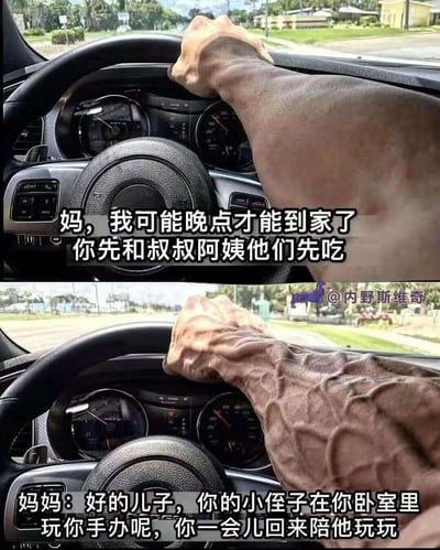 这是一张上下拼接的对比搞笑梗图，上图呈现了一位手办爱好者开车时和母亲通电话的场景，他告知母亲自己会晚点到家，让家人先用餐，此时他的手臂状态正常；下图是母亲回复他，说小侄子正在他的卧室里玩他的手办，瞬间他的手臂青筋暴起，通过肢体状态的夸张反差，生动表现出手办爱好者得知自己珍视的手办被触碰时的极度愤怒与急切想要回家的心情，利用手办爱好者的共同痛点制造出强烈的喜剧效果。