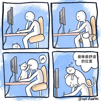 这是一组四格连环卡通漫画，描绘了居家办公的白色小人被自家猫咪逐步“占领”的过程：第一格中，小人正专注坐在桌前办公，猫咪在下方抬头盯着他；第二格猫咪扒着小人的腿往上爬；第三格猫咪爬到桌上，用爪子扒拉小人的脸，小人发出疑惑的“UM”；第四格猫咪直接趴在小人的背上，得意地觉得这是“最棒最舒适的位置”，而小人则被压得无法继续办公，满脸无奈。漫画生动还原了养猫人日常被猫咪打扰、“霸占”的有趣场景，充满温馨又搞笑的氛围。