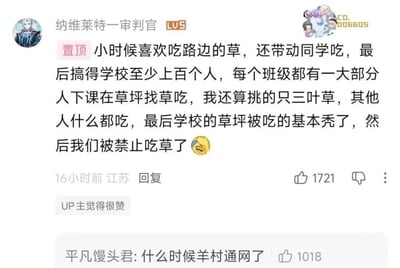 这是一张B站平台的评论区截图，置顶评论的用户等级为LV5，分享了自己的童年荒诞趣事：自己小时候爱吃路边的三叶草，还带动同学一起吃，最终发展到全校上百名学生下课就到草坪找草吃，不少学生不挑品类乱吃，把学校草坪吃得几乎光秃，最终学校出台规定禁止学生吃草，评论末尾搭配了笑哭表情，该评论发布16小时获赞1721，还得到了UP主的点赞。下方用户“平凡馒头君”留下调侃回复“什么时候羊村通网了”，将吃草的学生调侃为羊村的羊，笑点十足，该回复获赞1018。