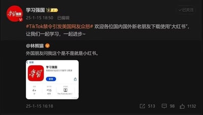 截图显示学习强国账号发布的一条帖子，内容提及#TikTok禁令引发美国网友众怒#，并欢迎国内外朋友下载使用"大红书"，号召一起学习进步。下方有@林熊猫的评论，称外国朋友询问这是否就是小红书，并附带了应用商店中学习强国APP的截图。