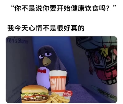 图片上方为两行文字对话，第一行为“你不是说你要开始健康饮食吗？”，第二行为“我今天心情不是很好真的”。下方是一只表情低落的企鹅角色，面前摆放着汉堡、薯条和饮料，幽默地展现了人们以心情不好为借口放弃健康饮食的场景。
