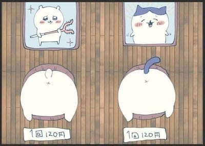 两张并排的卡通漫画，左侧画面中，一个圆滚滚的白色角色背对观众坐在镜子前，镜子里映出它手持三叉戟、脸颊泛红的模样；右侧画面类似，另一个白色角色（尾部有蓝色）背对观众，镜子里是它戴着蓝色帽子、咧嘴笑且脸红的样子。两个角色下方均有文字“1回120円”，背景为木质纹理，整体风格可爱治愈。