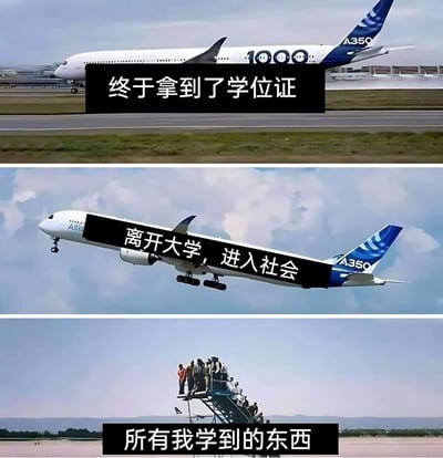 这是一组由三张图片组成的连环梗图，用飞机的不同状态幽默比喻毕业生从拿到学位到进入社会的心理变化：第一张是停在跑道上的空客A350飞机，配文“终于拿到了学位证”，对应大学生完成学业、顺利毕业的阶段；第二张是正在起飞的空客A350飞机，配文“离开大学，进入社会”，象征毕业生告别校园、正式踏入社会的节点；第三张是一群人站在类似飞机逃生滑梯的装置上，配文“所有我学到的东西”，用极具反差感的画面调侃很多毕业生进入社会后，发现校园里学到的知识仿佛“流失殆尽”，生动表达了校园知识与社会实际存在脱节的无奈与自嘲。