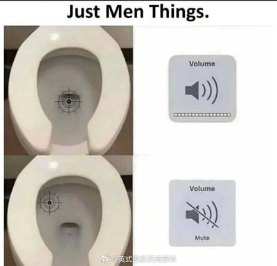 这是一张上下对比的图文混排梗图，顶部标题为英文“Just Men Things.”（男生才懂的事）。上图展示了普通马桶内部带有瞄准靶心，右侧对应处于有声状态的音量图标，暗示男生如厕时瞄准马桶中心会产生较大的声响；下图展示了带有凹槽的马桶，靶心对准凹槽位置，右侧对应静音状态的音量图标，类比瞄准这个位置可以大幅降低如厕时的声响。整张图用音量控制的概念幽默调侃男生如厕时的小习惯，用生动的画面将生活中的小细节趣味化呈现。