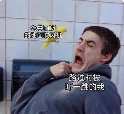 这是一张还原生活小惊吓的搞笑梗图，背景是公共厕所的瓷砖墙面和干手设备。图中男子双眼紧闭、嘴巴大张，身体向后缩，一只手抓着衣领，露出极度惊恐的神情，被标注为“路过时被吓一跳的我”；旁边一只翅膀张开的黄色小鸟被标注为“公共厕所的地面吹风机”。创作者用拟人的方式，将公共厕所地面吹风机突然吹出的强风具象化为突然出现的小鸟，生动还原了路过时被这突如其来的风吓到的真实体验，引发人们对这类生活中突发小意外的共鸣。
