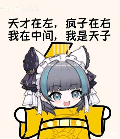 这是一张ACG向二次创作梗图，将手游《碧蓝航线》中角色柴郡的Q版女仆头像，与网络上的黄色皇帝龙袍模板拼接结合，搭配改编自书籍《天才在左 疯子在右》的玩梗文字“天才在左，疯子在右，我在中间，我是天子”，利用“天才”“疯子”的中间位置谐音“天子”，打造出自恋又搞笑的反差效果。柴郡开心兴奋的表情与皇帝的威严服装形成萌系反差，整体氛围轻松诙谐。