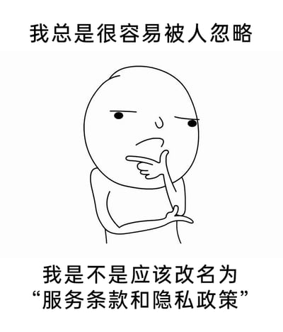 这是一张极简风格的线稿卡通梗图，上方配文“我总是很容易被人忽略”，中间是一个愁眉苦脸的圆形脑袋卡通小人，做出托着下巴、手腕被另一只手握住的思考动作，下方配文“我是不是应该改名为‘服务条款和隐私政策’”。图中利用大众在使用软件、网站时普遍会直接跳过、忽略“服务条款和隐私政策”的日常现象，来自嘲自身总是被他人忽略的处境，用幽默夸张的方式精准表达了不被重视的低落情绪，能够引发很多人在生活、社交或职场中被忽视的共鸣。