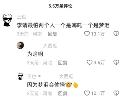 这是一段社交媒体评论区的静态截图，展示了三位用户的搞笑玩梗互动。用户“王也”发布评论称“李靖最怕两个人一个是哪吒一个是梦泪”，该评论获得13.1万点赞；用户“大西瓜”对此感到疑惑，回复询问“为啥啊”，获得3.6万点赞；随后“王也”给出解释“因为梦泪会偷塔😎👉”，这条回复获得10.1万点赞。这个玩梗内容运用了双关逻辑：神话里哪吒是李靖的儿子，素来调皮捣蛋让李靖头疼；而梦泪是《王者荣耀》的知名前职业选手，以“韩信无兵线偷家（偷塔）”的经典操作闻名，李靖在神话中拥有标志性的玲珑宝塔，这里用“偷塔”暗指偷李靖的宝塔，从而制造出李靖怕梦泪的搞笑关联。