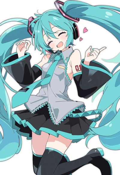 这是一幅绘制的虚拟歌手初音未来的同人插画，她身着标志性的灰黑配色公式服，手臂上的「01」标识清晰可见。初音未来闭着双眼，露出灿烂的笑容，一只手比出可爱的指势，另一只手握拳抬起，标志性的双马尾发丝飞扬，画面右侧还有粉色爱心点缀，整体氛围元气满满，充满活泼可爱的气息。