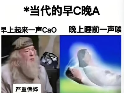 这张梗图通过左右对比的形式，幽默地解构了当代人的生活状态。左侧是一位面容憔悴的老者，配文'早上起来一声CaO'和'严重憔悴'；右侧是一位平躺的女性，配文'晚上睡前一声唉'。图片巧妙运用了谐音梗，将护肤术语'早C晚A'(早晨维生素C，晚间维生素A)转化为当代人疲惫生活的写照：早上起床忍不住感叹(谐音CaO)，晚上睡前只能无奈叹息。
