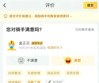 这是一张美团外卖订单评价界面的截图，页面顶部为评价标题与提交按钮，顶部提示语告知用户提交评价可鼓励骑手和商家提升服务；核心区域为对骑手的满意度调查模块，显示该美团专送骑手的姓名与公众人物同名，下方设置了不满意、满意两个评价选项，还提供了仪表整洁、礼貌热情、货品完好、风雨无阻、快速准时、穿戴工服等预设评价标签以及手写评价入口，页面标注本次评价对骑手匿名。