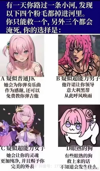 这是一张面向二次元爱好者的趣味选择梗图，设定了「路过小河，必须从四个落水粉毛角色中救一个，其余会淹死」的场景，给每个选项的角色都设置了不同的「回报」：
- A是《BanG Dream! It's MyGO!!!!!》的千早爱音，标注为「疑似普通JK」，救她能获得免费吉他教学和乐曲感谢；
- B是《JOJO的奇妙冒险：黄金之风》的迪亚波罗，标注为「疑似超能力男子」，救他能当上意大利黑帮老大呼风唤雨；
- C是《崩坏：星穹铁道》的爱莉希雅，标注为「疑似超能力女子」，救她能让灵魂纯净并获得完美外表；
- D是爱莉希雅的衍生梗图「爱莉狗」，标注为「眼熟的狗」，救它的结果未知。
图中通过玩各个ACG作品的角色梗，让观看者做出趣味选择，整体风格搞笑脑洞，属于二次元社群的整活内容。