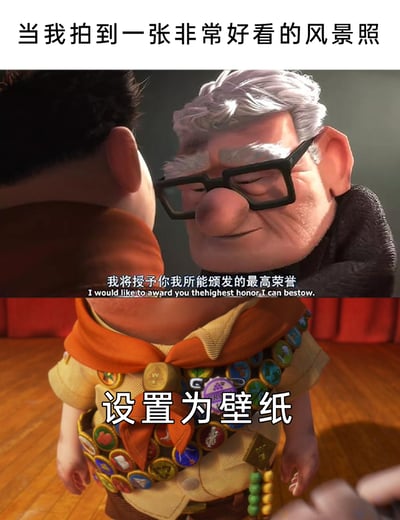 这是一张改编自动画《飞屋环游记》的趣味梗图，顶部配文‘当我拍到一张非常好看的风景照’引出场景，中间使用卡尔爷爷给罗素颁奖的画面，搭配台词‘我将授予你我所能颁发的最高荣誉’，最后以‘设置为壁纸’作为收尾，用幽默的方式将把满意风景照设为壁纸的行为戏称为给照片颁发‘最高荣誉’，精准调侃了人们遇到心仪风景照后的常见操作，充满生活趣味。