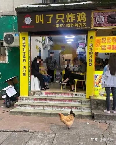 这张图片拍摄于一家名为“叫了只炸鸡”的炸鸡店门口，店铺外正好有一只活鸡路过，形成了非常有趣的画面。画面中，炸鸡店生意火爆，顾客众多，但门口突然出现一只真正的鸡，给人一种“鸡自己来报到”的搞笑既视感。这种场景制造了强烈反差和幽默感，颇有暗示和自嘲的意味。

显著的谐音和双关梗：炸鸡店名和真实的鸡形成直接对应和喜剧效果，带有生活化的黑色幽默。