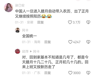 这是一张社交媒体评论区的截图，展示了三位网友关于腊月、正月期间农历与阳历切换的生活讨论。来自安徽的用户柒⑦安发布核心评论，提到中国人进入腊月后自动使用农历，出了正月又换回阳历，搭配两个笑哭表情，该评论获得3.7万点赞；来自海南的用户阿卡回复“全国统一”，获得4247点赞；来自广东的用户邱萍回复阿卡，分享自己回家后只记农历日期，上班后又换回阳历的经历，获得3000点赞。三位网友的评论引发了对春节前后生活中农历阳历切换这一普遍现象的共鸣。