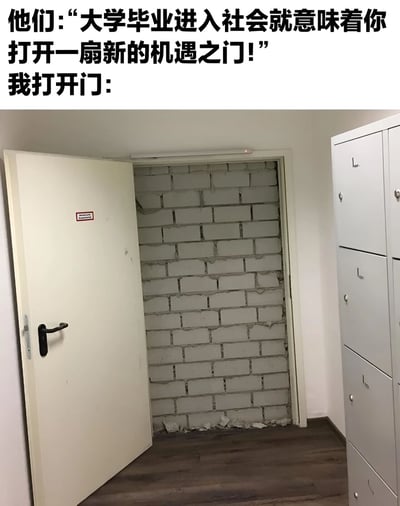 图片上方配有文字“他们:‘大学毕业进入社会就意味着你打开一扇新的机遇之门！’ 我打开门：”，下方是一张实拍照片：一扇白色的门被打开，门后却不是想象中的广阔天地，而是一面被灰色砖块封死的墙壁，旁边还有几个白色的储物柜。通过文字与图片的强烈对比，幽默地表达了大学毕业生对社会“机遇之门”的期待与现实中可能遇到的阻碍之间的落差，带有自嘲和无奈的意味。