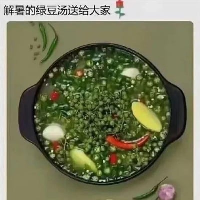 这是一张玩反差梗的搞笑图，图上方配文“解暑的绿豆汤送给大家”，但容器里装的并非真正的消暑绿豆汤，而是满满一锅青花椒、红辣椒、姜片、蒜瓣组成的麻辣汤底，利用青花椒外形和绿豆相似的特点，制造出“黑暗料理绿豆汤”的强烈反差感，用离谱的“消暑汤”设定制造搞笑效果，调侃黑暗料理。