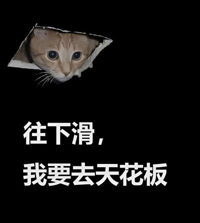 图片背景为纯黑色，顶部有一个撕裂状的破洞，一只橘猫从破洞中探出头来，眼睛瞪得很大，正向下偷看。破洞下方有两行醒目的白色文字：“往下滑，我要去天花板”。整体画面通过猫咪偷看的动作与文字内容形成有趣的反差，营造出俏皮可爱的氛围。