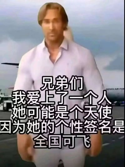 这是一张带有玩梗文字的搞笑静态图，画面主体是一位在机场跑道上双手插兜向前行走的男性，其面部模糊无法看清具体表情，背景中可以看到印度空军的飞机和机场相关车辆。图中以该男性的口吻配文：“兄弟们 我爱上了一个人 她可能是个天使 因为她的个性签名是 全国可飞”，这里运用了谐音和反差梗，用航空领域的“可飞”调侃对方私生活开放，能在全国各处往来，将浪漫的表述和调侃的内容结合，制造出荒诞搞笑的效果。