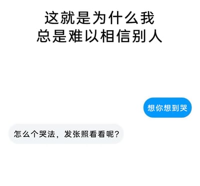 这是一张静态聊天记录截图，顶部配有总结性文字“这就是为什么我总是难以相信别人”，下方呈现了一段令人失望的对话：倾诉者怀着思念之情发送消息“想你想到哭”，试图表达自己的情绪，而回应者却完全忽略对方的情感需求，回复“怎么个哭法，发张照看看呢？”，这种不走心且带有冒犯性的回应，正好对应了顶部的文字，生动地诠释了为何人们会在人际交往中难以建立信任，整体充满了扎心的吐槽意味，容易引发有类似经历的人的共鸣。