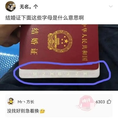 这是一张社交媒体截图，内容分为两部分：上方是用户“无名。个”发布的动态，他手持一本中华人民共和国结婚证，用蓝色线圈出了结婚证下方的字母“MZH BJ ZH”，并提问“结婚证下面这些字母是什么意思啊”；下方是用户“Mr丶方长”的评论，这条评论被标注为“神评”，获赞6303，内容是“没找好别急着换😜”，该回复利用了字母的谐音梗，将“MZH”解读为“没找好”，“BJ”解读为“别急”，“ZH”解读为“着换”，是一种调侃婚姻的趣味玩梗，用搞笑的方式回应了原提问，并非字母的真实含义。