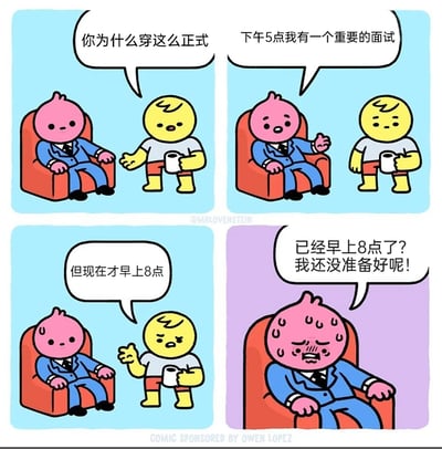 这是一则四格卡通漫画，描绘了职场面试前的乌龙场景：手持杯子的黄色角色，询问穿着正式西装坐在椅子上的粉色角色为何着装正式，粉色角色表示下午5点有重要面试，黄色角色指出现在才早上8点，此时粉色角色突然惊醒，满头大汗地慌张喊道自己还没准备好，原来他睡迷糊了，搞错了时间节点，把已经提前准备好的状态当成了面试临近还未准备的时刻，展现了职场人面对面试的焦虑心态，以及一场啼笑皆非的乌龙。