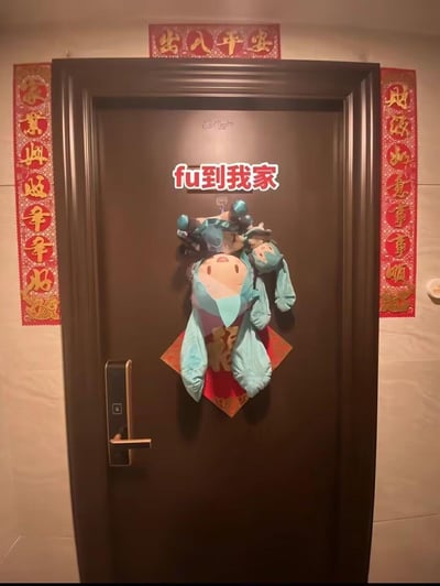 一张春节期间家庭门饰的照片，棕色的门上悬挂着蓝色的原神角色玩偶，玩偶下方是红色的'福'字装饰。门的正上方有'出入平安'的横批，左右两侧是红色的春联，上联为'生意兴隆通四海'，下联为'财源广进达三江'。门上有醒目的红色文字'fu到我家'，利用了'福'字的谐音梗，既指福气到我家，又巧妙地使用了英文'到'的发音。整体画面充满了春节的喜庆氛围，同时融入了年轻人喜爱的游戏元素，展现了传统节日与流行文化的有趣结合。