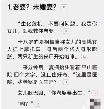 这是一段充满脑洞的原创网文段子，设定在生化危机爆发的末日背景中：18岁的夏枫被突然出现的、自称是他未来女儿的高挑女人强行带上摩托车，逃离新生的丧尸。抵达平山医院后，夏枫好奇询问是不是自己的老婆是医生，结果女儿给出了颠覆认知的回答——‘你老婆要出生’，瞬间制造出荒诞又搞笑的反转，让夏枫陷入震惊。这段内容以带对话气泡的纯文字形式呈现，通过时空穿越的设定打造出强烈的反差笑点。