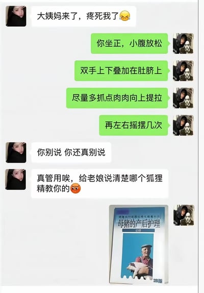 这是一张手机聊天记录截图，对话中女生向男生倾诉自己来大姨妈痛经疼痛难忍，男生给女生分享了一套腹部提拉按摩的缓解方法，女生尝试后发现确实有效，又好气又好奇地追问男生是哪个女人教给他这个方法，最后男生发送了一张名为《母猪的产后护理》的教材封面图片，用出人意料的内容形成反差，制造出搞笑效果。