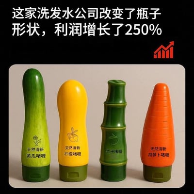 整张图采用上方文字下方配图的形式，顶部黑色背景区域配白色文字“这家洗发水公司改变了瓶子形状，利润增长了250%”，文字右侧配有红色的上升趋势统计图标，暗指销量营收上涨。下方浅灰色背景区域并排摆放了四款造型独特的啫喱包装瓶，从左到右分别做成黄瓜、柠檬、竹节、胡萝卜的外形，和瓶身标注的产品品类一一对应，所有瓶子底部都是统一的绿色按压盖，造型设计新颖贴合产品主打天然的定位，整体用来调侃创意包装对产品营收的拉动作用。