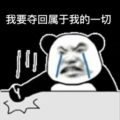 黑色背景的静态梗图，中央是一个卡通熊猫头形象。熊猫头表情夸张，眉头紧锁，双眼下方有蓝色眼泪流下，嘴巴扭曲呈愤怒状，右手握拳用力捶打前方表面，旁边有表示震动的线条。图片顶部有白色醒目文字：‘我要夺回属于我的一切’。整体通过夸张的表情和动作，结合流行网络梗，幽默地表达了强烈的逆袭决心或不甘情绪。