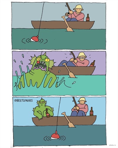 这是一幅三格连环卡通漫画，第一格展示了一位戴着草帽、穿粉色上衣的渔夫坐在小船上钓鱼，船内放着一瓶酒，水面上的鱼漂泛起涟漪，渔夫神态平静；第二格中，一只长着尖牙、面目凶狠的绿色水怪突然从水中窜出，溅起大量水花，渔夫被吓得眼睛圆睁、身体后仰，满脸惊恐；第三格剧情反转，水怪坐在了渔夫的船上，手里拿着一瓶酒，神态平静淡然，而渔夫则恢复了钓鱼的姿态，仿佛水怪的出现只是一件平常事，二者看起来像是和谐共处的同伴。