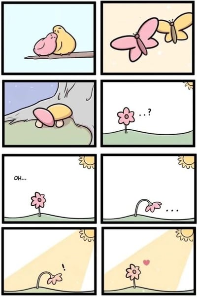 这是一个由8个小格子组成的温馨连环漫画，讲述了一个关于陪伴与分离的可爱故事。

第一格：两只可爱的小鸟（一只粉色，一只黄色）依偎在树枝上，显得十分亲密。
第二格：两只蝴蝶（一只粉色，一只黄色）在空中飞翔。
第三格：两个蘑菇（一只粉色，一只黄色）依偎在大树下。
第四格：一朵粉色的小花独自立在草地上，旁边有"...?"的字样，似乎在疑惑伙伴的去向。
第五格：同样的小花，旁边出现了"Oh..."的字样，似乎明白了什么。
第六格：小花开始弯腰。
第七格：小花继续弯腰，旁边有"..."的字样。
第八格：小花弯下腰，旁边出现了一个红色的爱心，显得十分开心。

整个漫画通过简单的画面和少量文字，传达出一种温馨可爱的氛围，暗示了即使伙伴不在身边，也能感受到爱的存在。