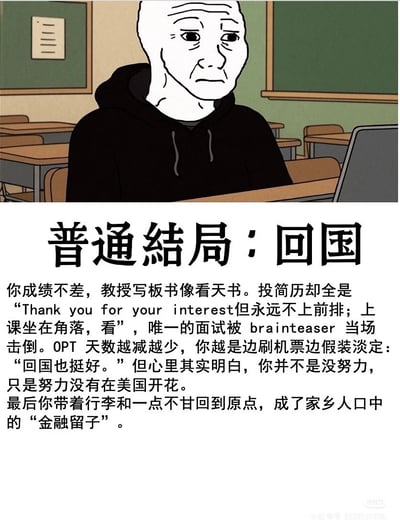 图片上半部分是一个卡通人物形象，他穿着黑色连帽衫，表情悲伤无奈，坐在教室的课桌前，背景有黑板和课桌椅。下半部分是标题“普通结局：回国”及一段文字，描述了一名留学生在美国的经历：成绩不错但难以适应教授的板书，投简历屡遭拒绝，面试被智力题难倒，OPT天数减少，最终带着不甘回国，成为家乡人口中的“金融留子”。内容反映了部分留学生海外求职不顺后回国的无奈现实。