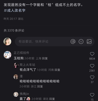 这是一张来自小红书的竖屏社交媒体截图，原帖用户发布内容表示“发现居然没有一个字能和‘桂’组成不土的名字”，并附带#成人改名字的话题，发布地点为湖北，发布时间是昨天20:17，该帖累计有3370条评论。评论区中用户“正己烷挂件”以知名卡通形象“玉桂狗”回帖，获得8834个点赞，成为高赞评论；后续用户“爬上火车站”评论“有点洋气了”，用户“漫”发出一串笑声，用户“拽拽jie”评论“赢了🤣”，整体以玩梗的方式趣味回应原帖的起名需求，形成轻松搞笑的互动氛围。