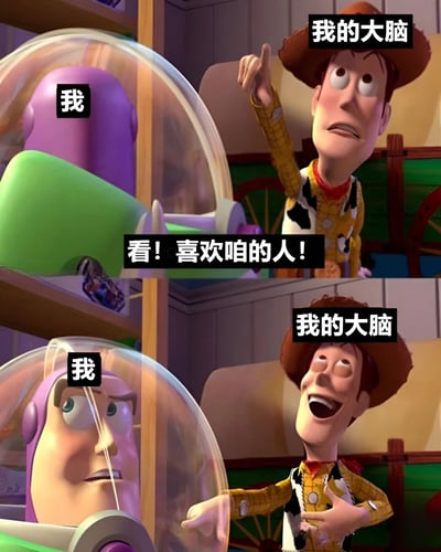 这是一张由《玩具总动员》角色制作的双格对比梗图。上格中，戴着太空头盔的巴斯光年被标注为“我”，表情困惑；旁边的胡迪戴着牛仔帽，标注为“我的大脑”，正兴奋地手指前方说“看！喜欢咱的人！”。下格中，巴斯光年表情依然疑惑，而胡迪则满脸笑容，更加激动地做出手势。通过两个角色的表情和动作对比，幽默地表现了当发现有人喜欢自己时，大脑的兴奋反应与自身的困惑形成的反差。