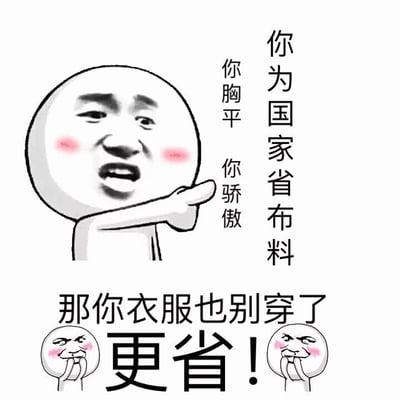 图片中央是一个脸颊泛红的圆形脸卡通小人，右手伸出指向右侧，表情得意又带点挑衅。小人右侧有两行竖排文字：“你为国家省布料”和“你胸平 你骄傲”。图片底部有一行横排大字“那你衣服也别穿了 更省！”，文字两侧各有一个相同的小卡通人，双手捂着嘴，表情俏皮。整体通过夸张的逻辑递进制造幽默效果，用“省布料”的调侃延伸到“不穿衣服更省”的戏谑回应。