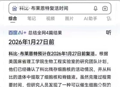 这是一张百度搜索结果截图，搜索关键词为“科比·布莱恩特复活时间”。页面顶部显示百度搜索框及“综合”“笔记”等选项卡，正文部分以“百度AI+总结全网4篇结果”开头，声称科比·布莱恩特预计在2026年1月27日前复活，引用美国麻省理工学院生物工程实验室的研究团队计划，称已确认其残存细胞核活动并提取细胞核和脊髓液，克隆过程可催生细胞分裂。内容无科学依据，属于典型的虚假信息。