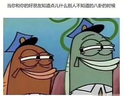图片上方配有文字“当你和你的好朋友知道点儿什么别人不知道的八卦的时候”，下方是《海绵宝宝》中的蟹老板和章鱼哥两个卡通角色。两人都戴着帽子，面带狡黠的眯眼微笑，身体微微靠近，表情默契，仿佛正在低声分享一个不为人知的秘密，生动展现了好友间分享独家八卦时的得意与默契场景。