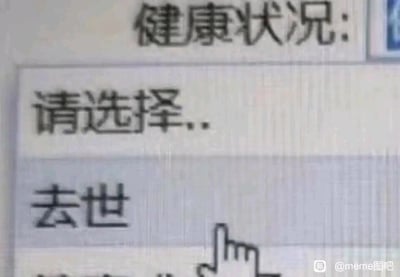 这是一张工具软件的界面截图，界面顶部标注“健康状况:”，下方是选择区域，先显示“请选择..”的提示文字，紧接着是被高亮选中的“去世”选项，还有一个卡通风格的鼠标指针正指向该选项。这张图运用黑色幽默的方式，以夸张的选项来调侃当代人在生活、工作压力下，身心疲惫、状态糟糕的处境，是一种自嘲式的情绪表达，通过这种荒诞的选项来抒发负面情绪，引发网友共鸣。